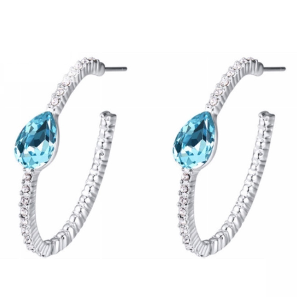 Pave Crystal & Teardrop Hoop Earrings in Aqua Swarovski Crystals